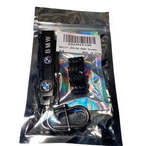 For BMW Black Leather Dark Satin Metal Premium Keychain & 4 Black Valve Caps New